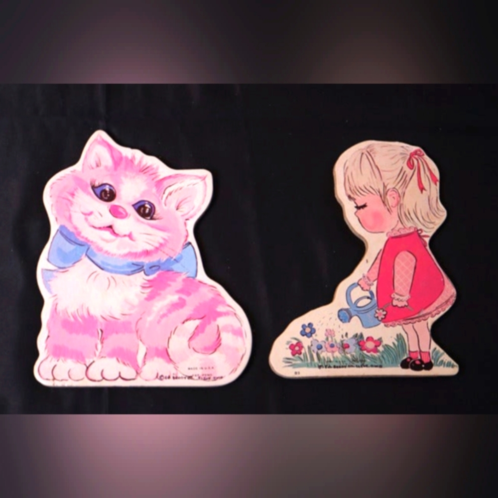 Vintage Girl W/Flowers and Pink Kitten Pressed Wall Décor Nursery E.O. B…